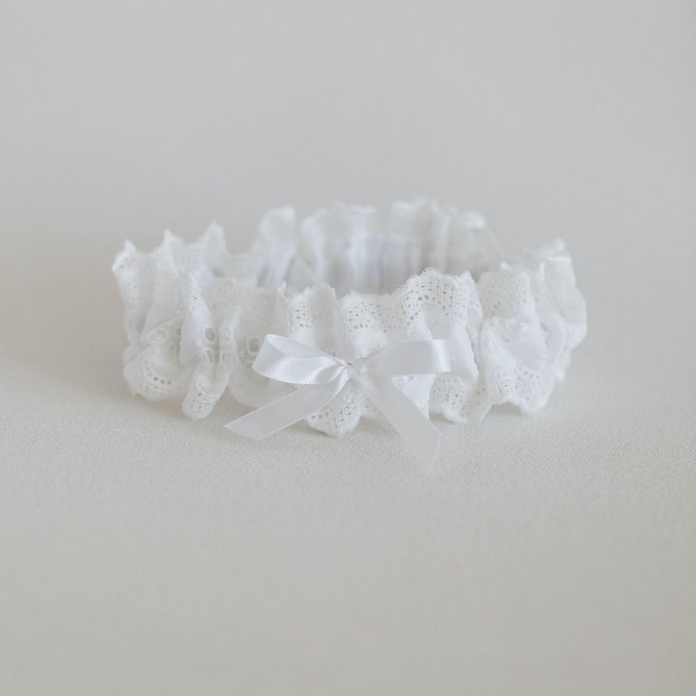 white eyelet lace and satin wedding garter by The Garter Girl