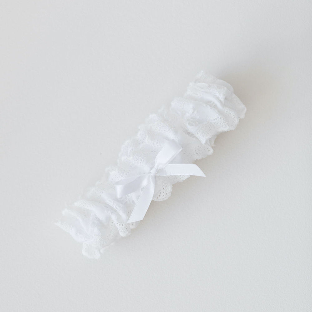 white eyelet lace and satin wedding garter by The Garter Girl